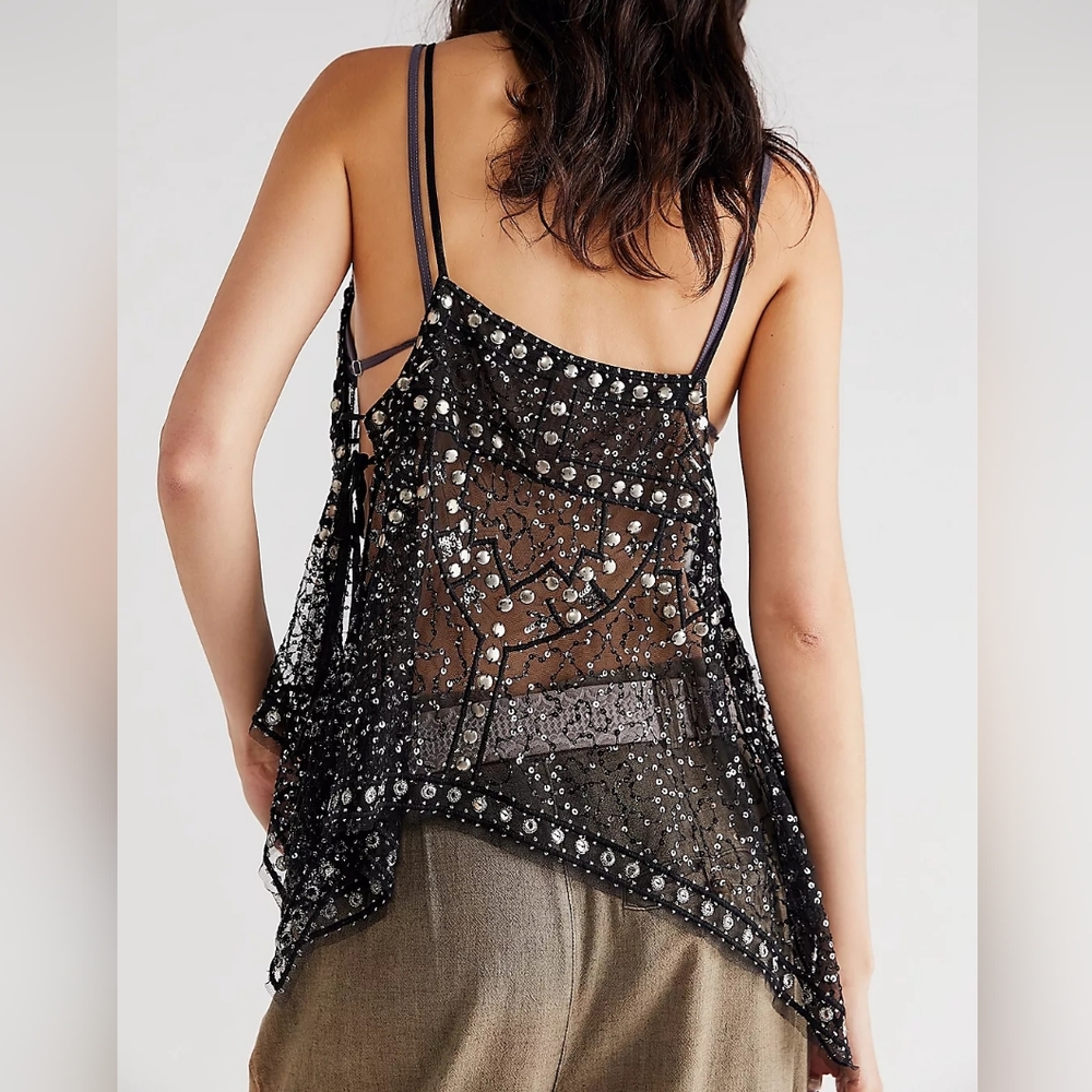 Free People Black Beaded Sheer Tank Top - Picture 4 of 11